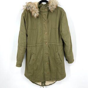 BP Army Green Sherpa Lined Full Zip Long Line Faux Fur Hood Thick Jacket Size XS